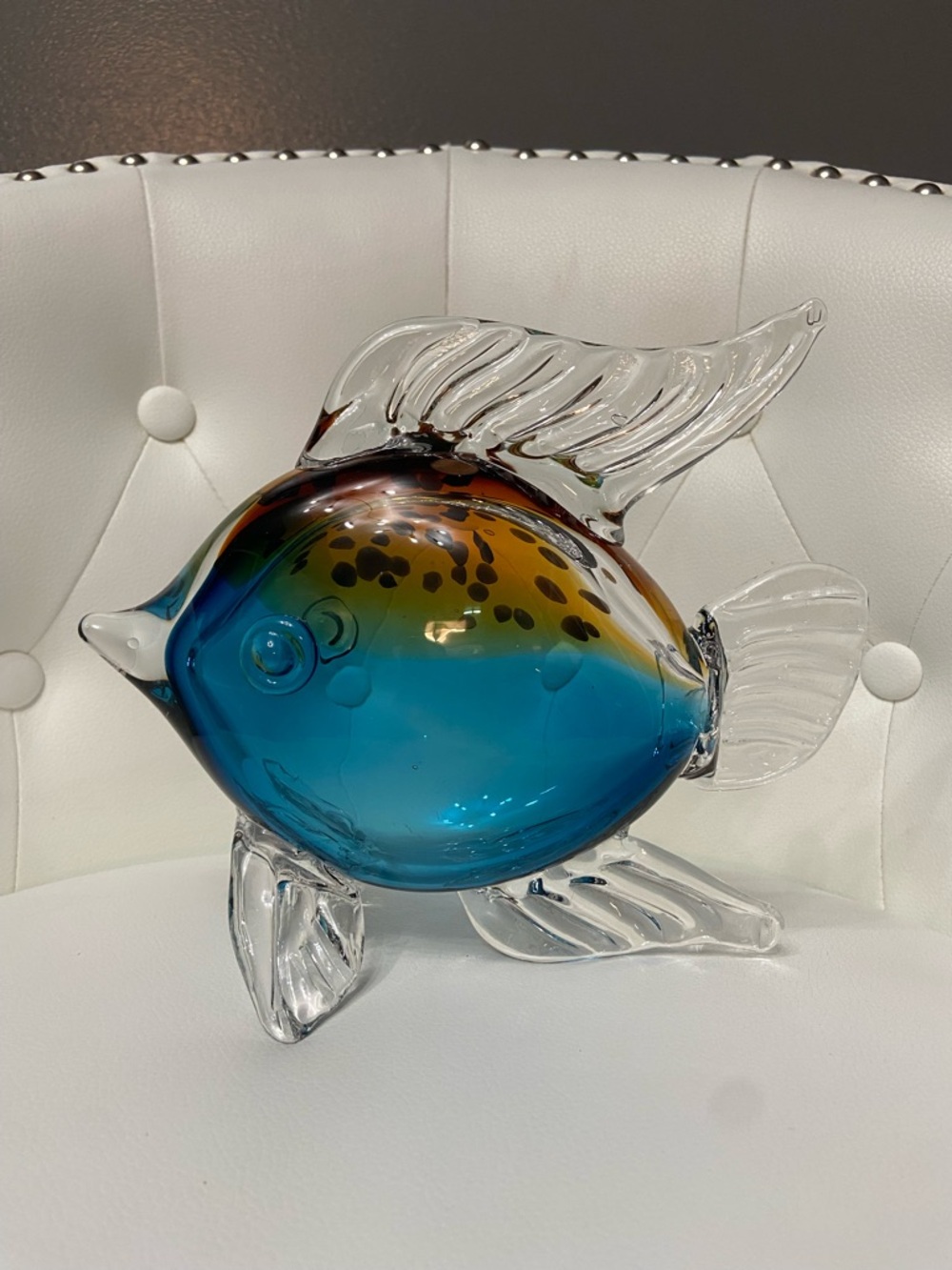 Large Murano Style Art Glass Fish Sculpture - Blue Amber Spotted 8” Tall